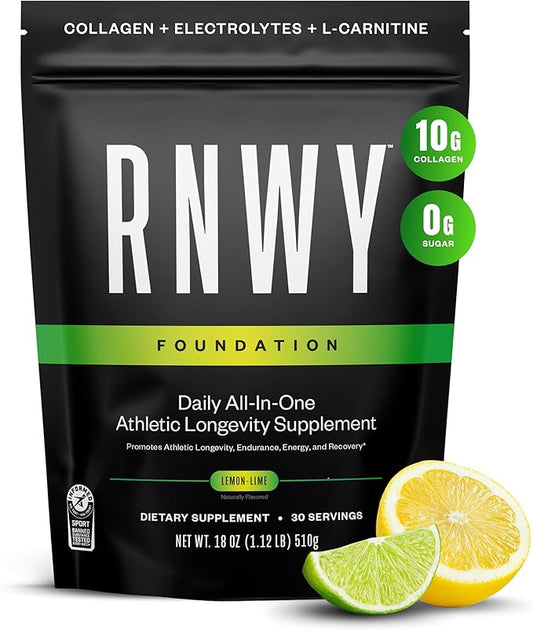 RNWY Foundation 10g Collagen Peptides + Hydration Powder, Daily Joint Support with Electrolytes, Lemon Lime, Sugar Free, 30 Servings