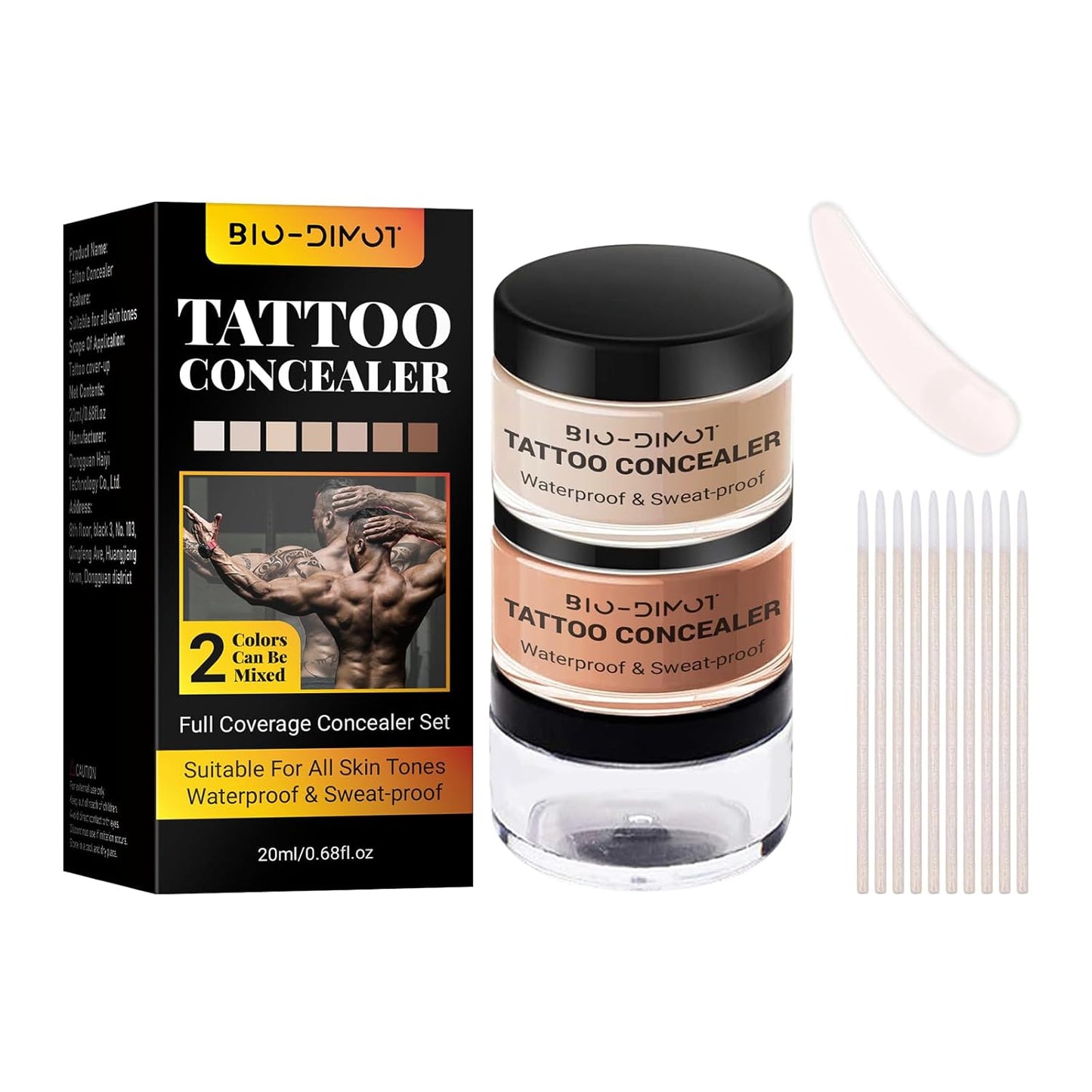 BIO-DIMOT Tattoo Cover Up, 2 Colors Waterproof & Sweatproof Tattoo Cover Up Makeup, Invisible & Natural, Skin-Friendly Body Makeup Suitable for Tattoos, Scars, Spots & Vitiligo (1PCS)