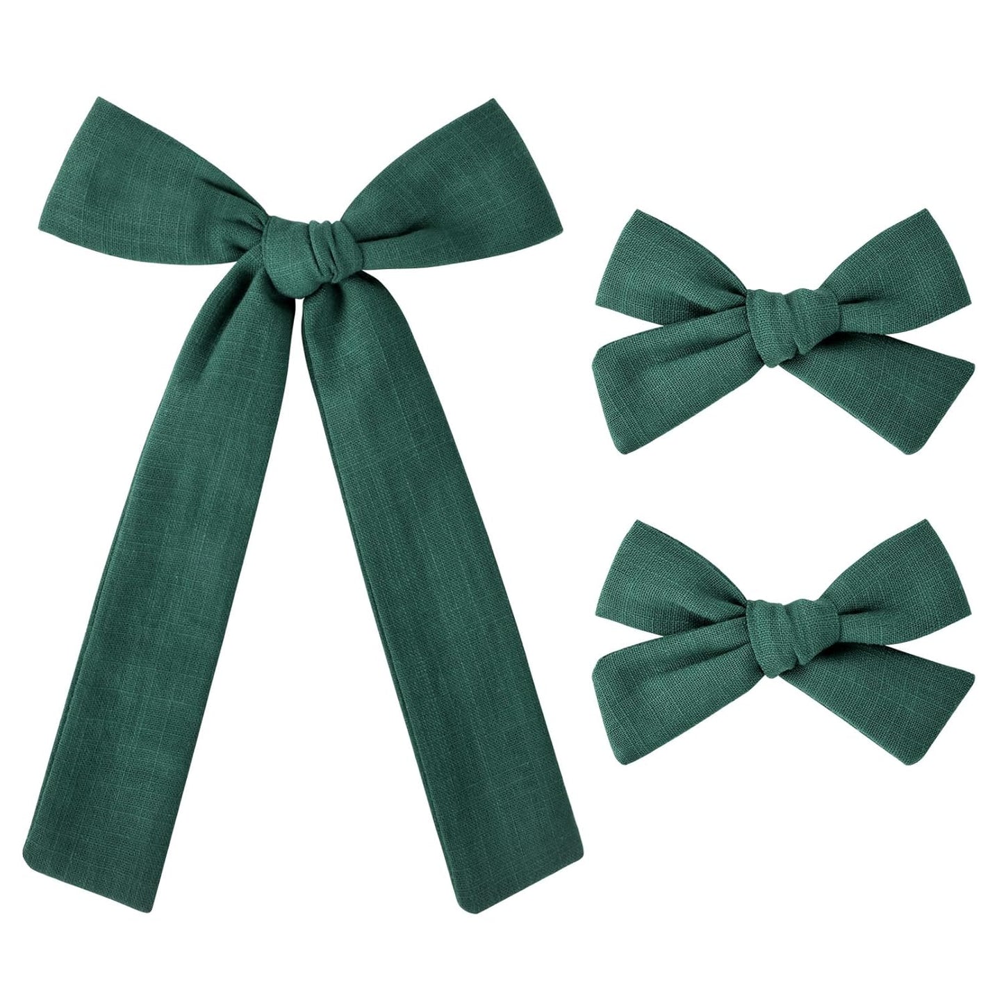 DEEKA Dark Green Cotton Linen Hair Bows 2 Sizes 5"&3.5" Soft Hair Bow set for Toddler Girls Long Ponytail Knot Bows Alligator Clip Hair Accessories for Little School Girls (Dark Green)