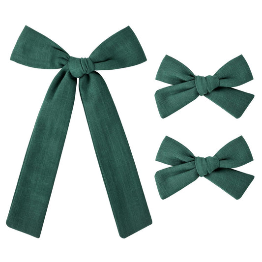DEEKA Dark Green Cotton Linen Hair Bows 2 Sizes 5"&3.5" Soft Hair Bow set for Toddler Girls Long Ponytail Knot Bows Alligator Clip Hair Accessories for Little School Girls (Dark Green)