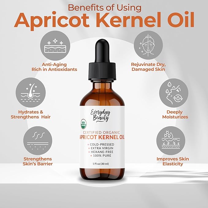 Organic Apricot Kernel Oil | 100% Pure, Cold-Pressed, Unrefined | USDA Certified Organic | Amber Glass Bottle with Glass Dropper | For Face, Skin & Hair - 1 Fl Oz