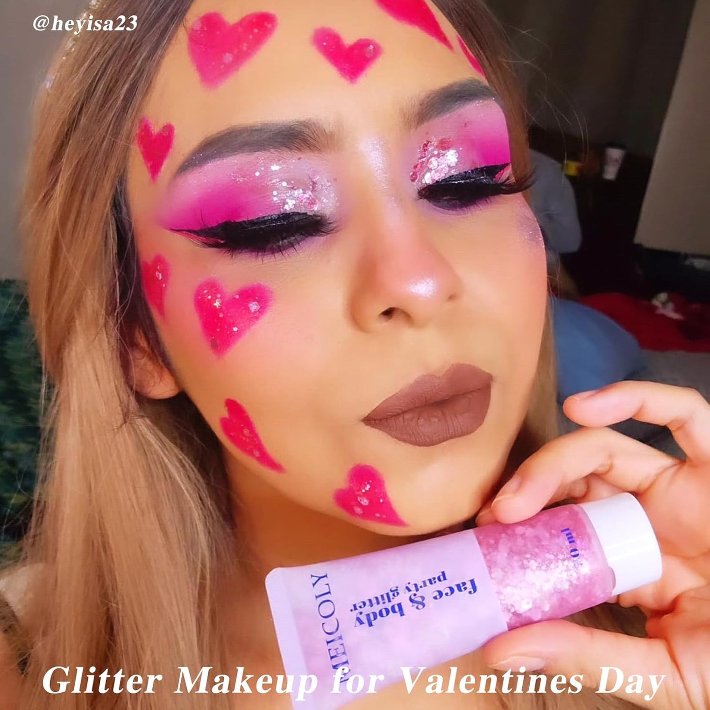 MEICOLY Pink Face Glitter,Pink Body Glitter,Sparkly Hair Glitter,Pink Accessories for Spirit Week,Singer Concerts Lover Heart Chunky Glitter Makeup,Mermaid Glitter Face Paint