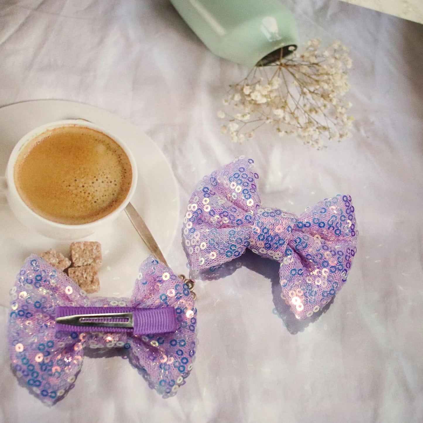 KISZU 3 Inch Glitter Hair Bows Clips, Sparkling Sequin Little Bow HairPins for Baby Girls Children Teens and Women (Light Purple)