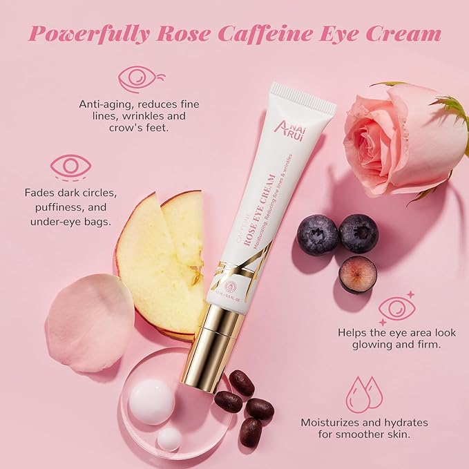 ANAI RUI Rose Caffeine Eye Cream for Dark Circles, Mother's Day Gift for Women, Anti-Aging Eye Cream with Retinol, Collagen, Hydrating, Firming, Reduce Wrinkles and Fine Lines Daily 0.5 FL OZ