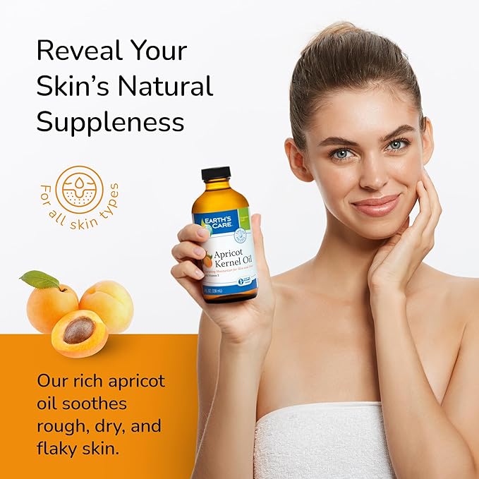 Earth's Care Apricot Kernel Oil - Apricot Oil for Skin and Hair with Vitamin E - Expeller Pressed, Glass Bottle - 8 Fl OZ
