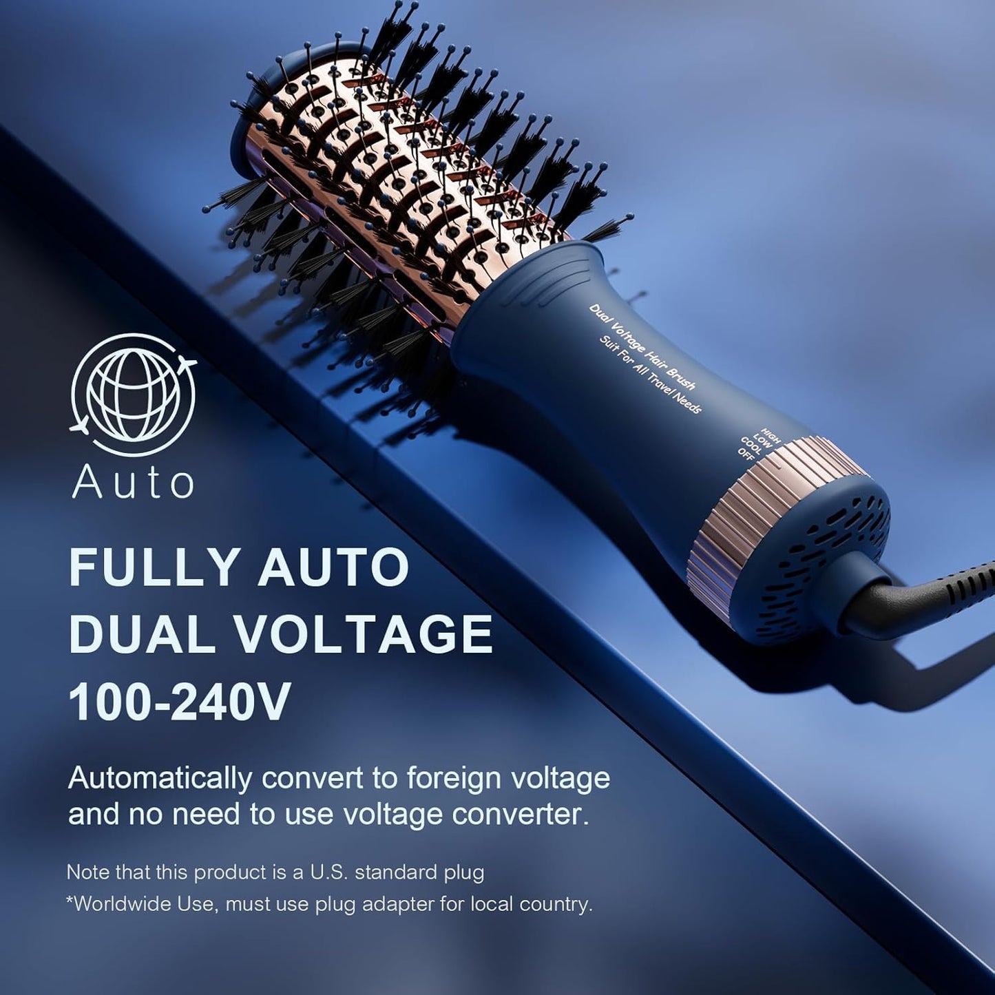 Dual Voltage Travel Hair Dryer Brush, 2 Inch Oval Hot Air Brush, One Step Travel Hair Styler/Volumizer/Straightener/Curler, European Blow Dryer Brush with Universal Adapter