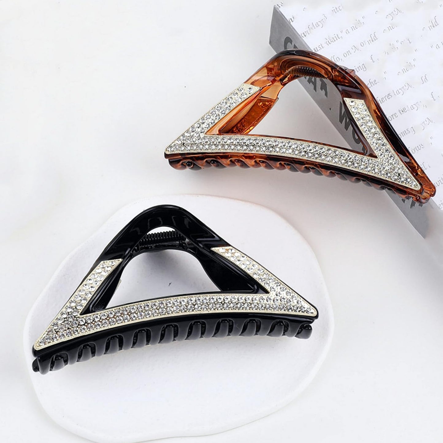 SINIDE Rhinestone Hair Clips, Triangle Crystal Claw Clips Nonslip Acrylic Metal Jaw Clip for Thick Long Hair, Fashion Elegant Clamps Accessories for Women Strong Hold Barrette for Styling (2 Pack)