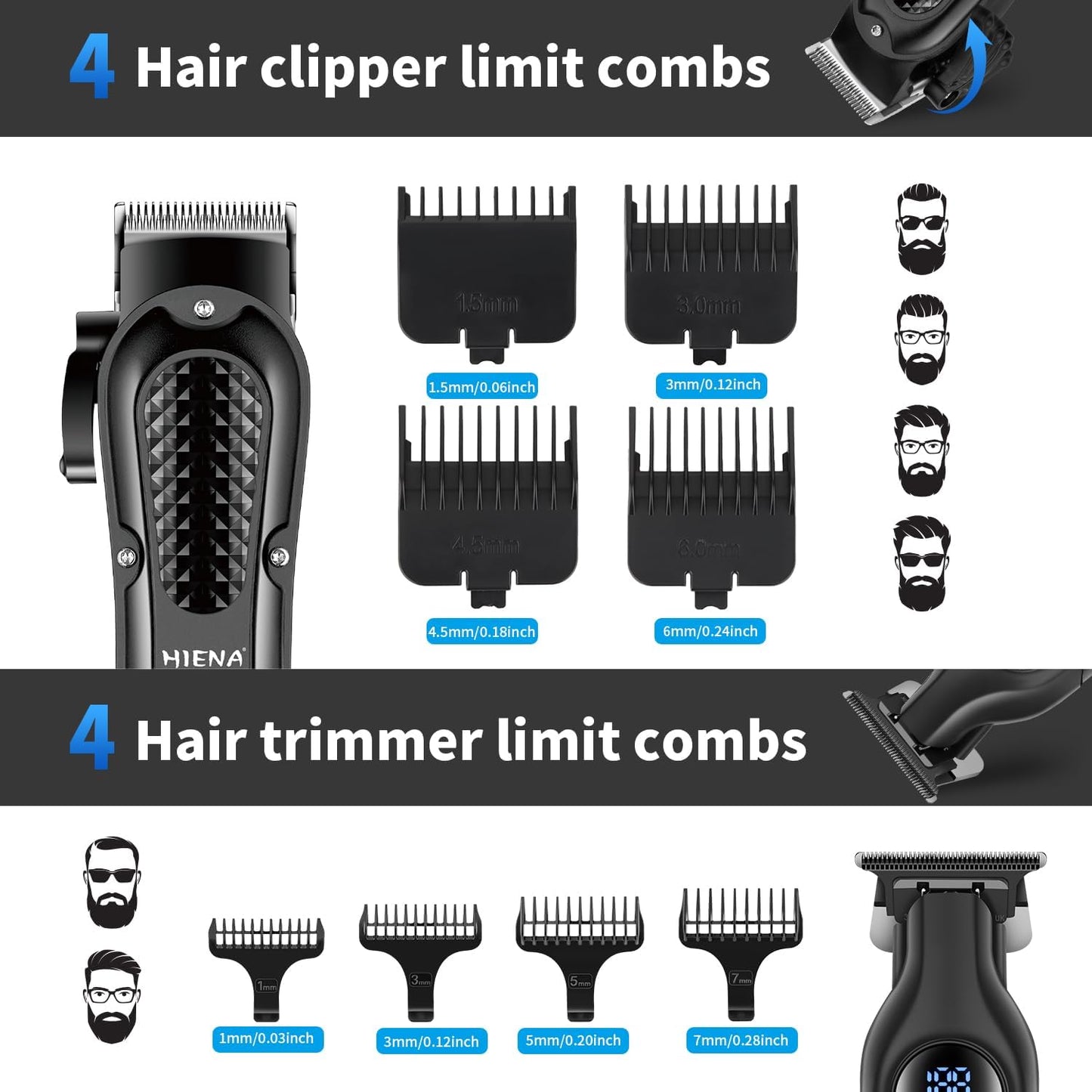 HIENA PRO Professional Cordless Hair Clippers for Men, Beard Trimmer & Elecatric Shaver & Nose Hair Trimmer Set, Rechargeable Barber Hair Cutting Grooming Kit