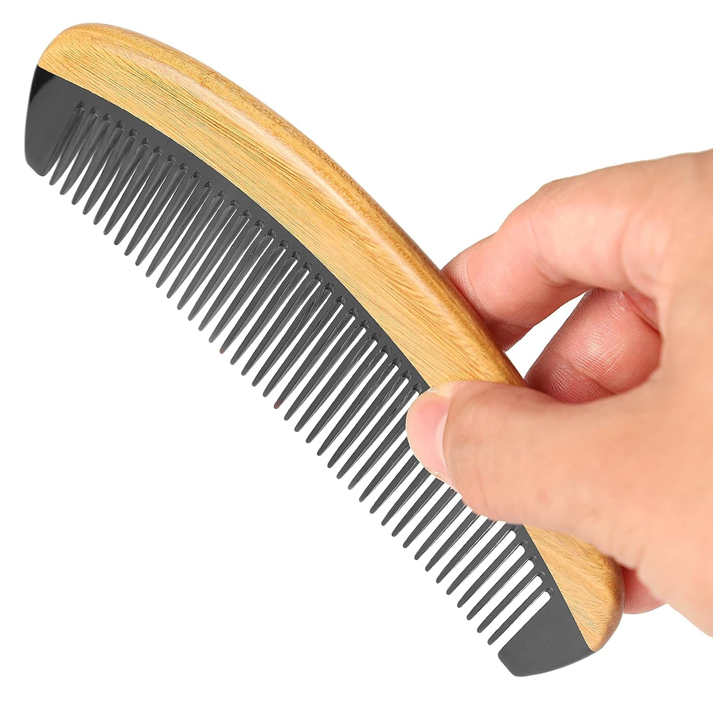 Onedor Buffalo Horn With Handmade 100% Natural Green Sandalwood Hair Combs - Anti-Static Sandalwood Scent Natural Hair Detangler Wooden Combs (Buffalo Horn Oval Fine Tooth)