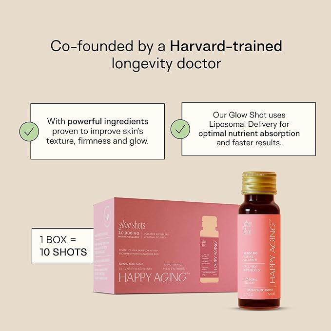 Glow Shot, 10,000mg Marine Collagen Peptides, Liposomal Delivery, Promotes Skin Hydration, Elasticity & Radiance, Supports Hair & Nails, Ready-to-Drink, No Sugar, Non-GMO, 30 Shots