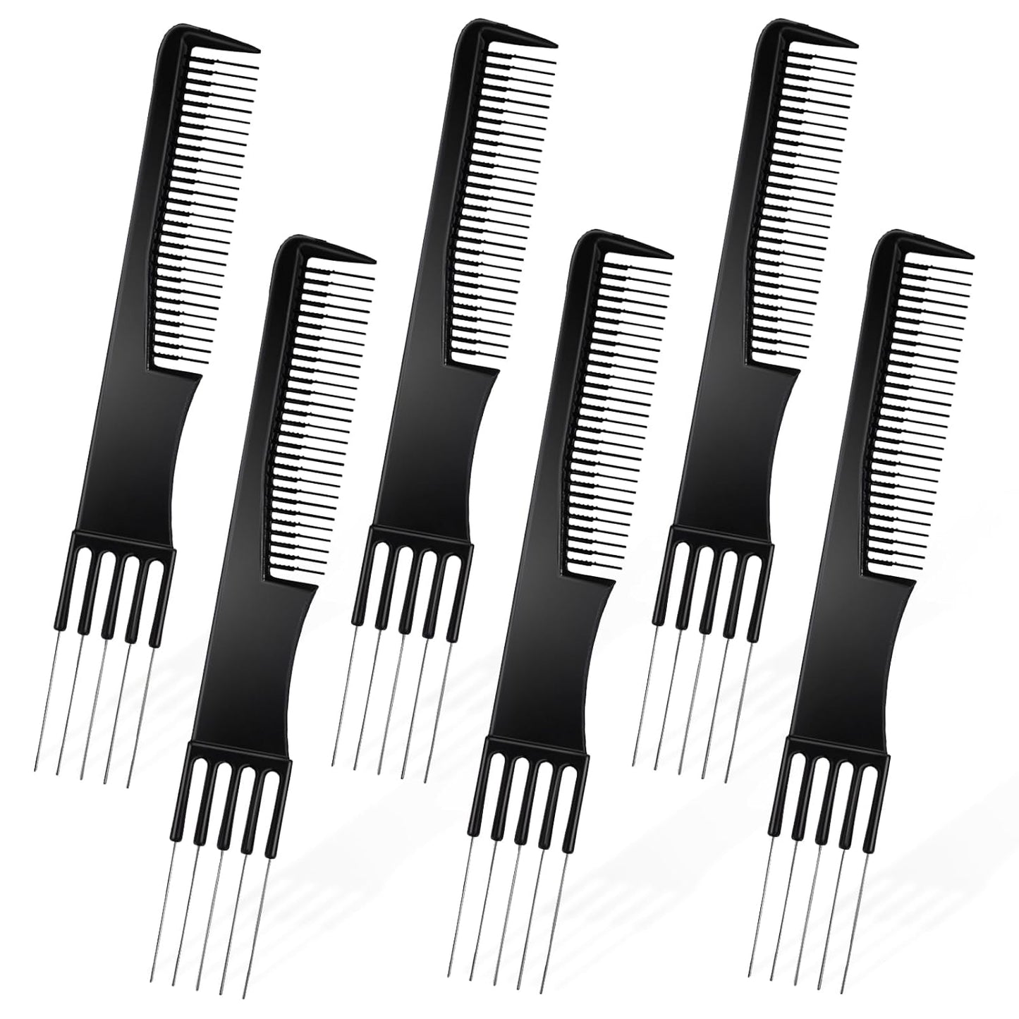 Double-Head Parting Teasing Comb, 6 Pcs Black Metal Prong Pick Combs Parting for Women Picking Comb for Hair Styling Salon Thick Thin Hair