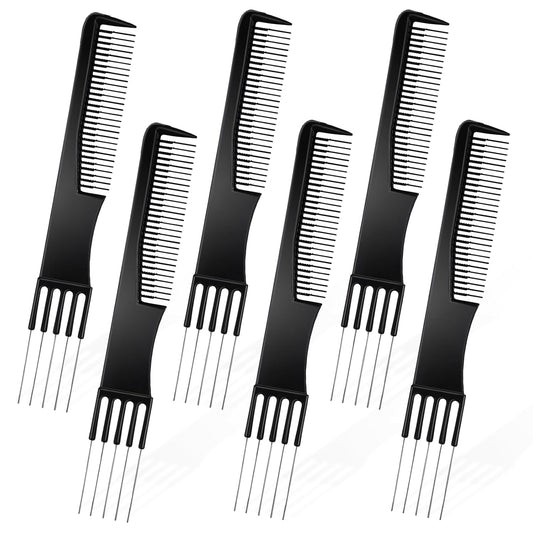 Double-Head Parting Teasing Comb, 6 Pcs Black Metal Prong Pick Combs Parting for Women Picking Comb for Hair Styling Salon Thick Thin Hair
