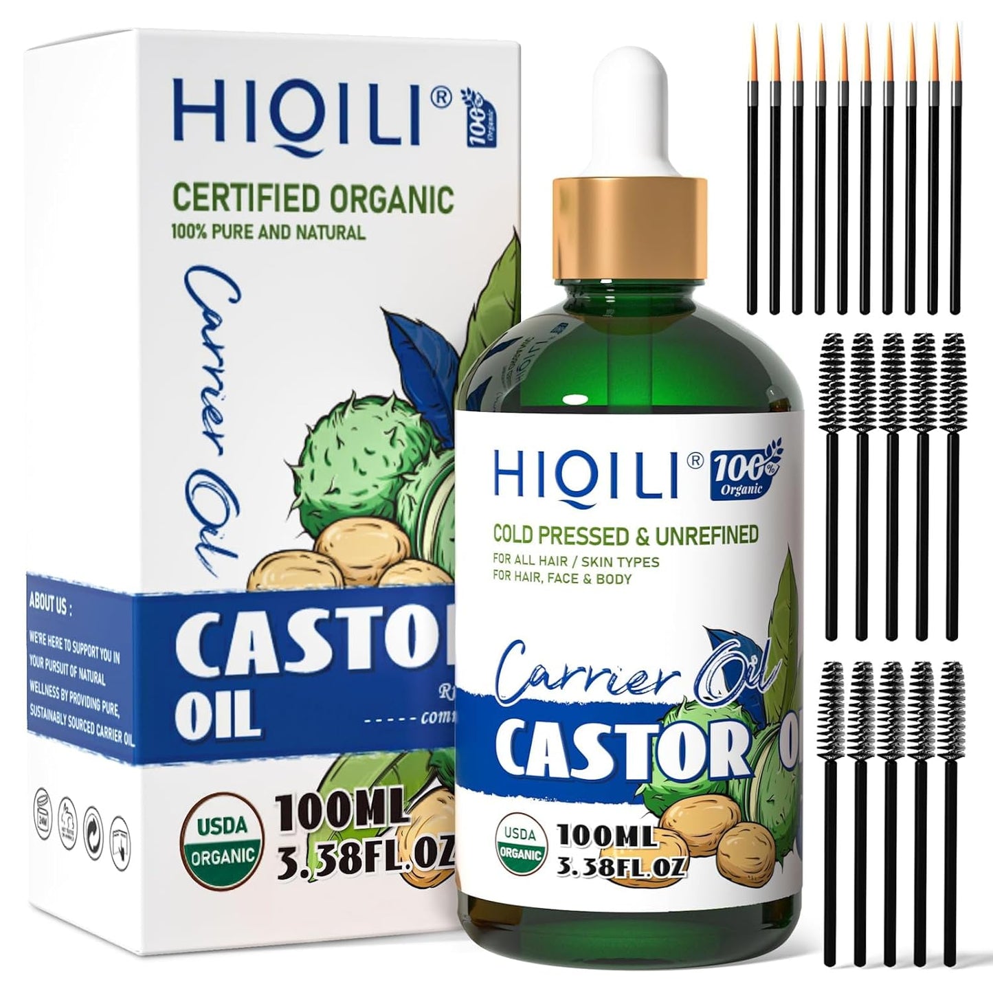 HIQILI Castor Oil Organic Cold Pressed Unrefined Glass Bottle, USDA Certified Organic, Hexane Free - Premium Grade Oil for Face, Hair Growth, Eyelash -3.38 Fl Oz