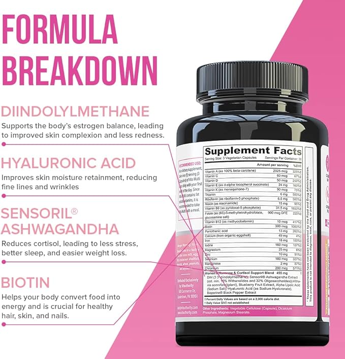 Multivitamin for Women Women’s Daily Multi-Vitamin Supplement with DIM, Iodine, Ashwagandha Supports Youthful Complexion, Healthy Cortisol and Estrogen Balance 30 Day Supply