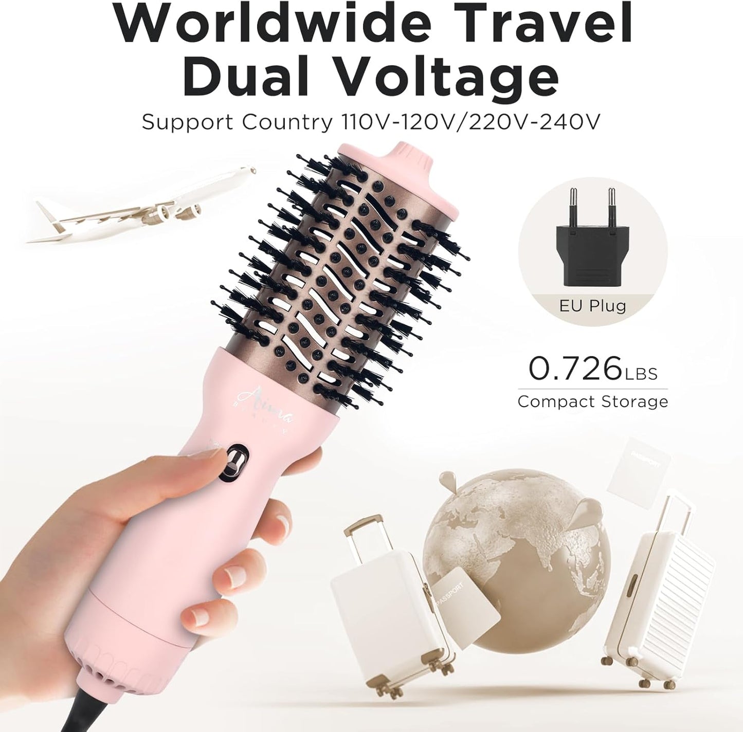 Aima Beauty Worldwide Travel Hair Dryer Brush 110V-240V Dual Voltage Blow Dryer Brush Hot Air Brush with Oval Barrel 360° Hot Airflow, Negative Ionic Frizz-Free Drying/Straightening/Voluming, Pink