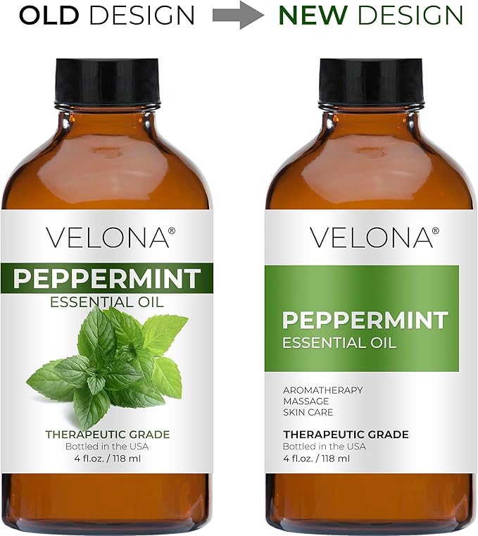 velona Peppermint Essential Oil 4 Fl Oz | Therapeutic Grade 100% Pure and Natural | for Aromatherapy Diffuser, Massage, Skincare, Haircare, Soapmaking | Undiluted and Multipurpose in Glass Bottle