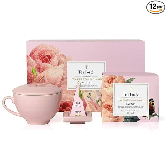 Tea Forte Jardin 3-Piece Mother's Day Tea Gift Set with Rose Pink Cafe Cup with Lid, Tea Tray and 10 Assorted 2 of Each Variety Organic Handcrafted Pyramid Infuser Tea Bags