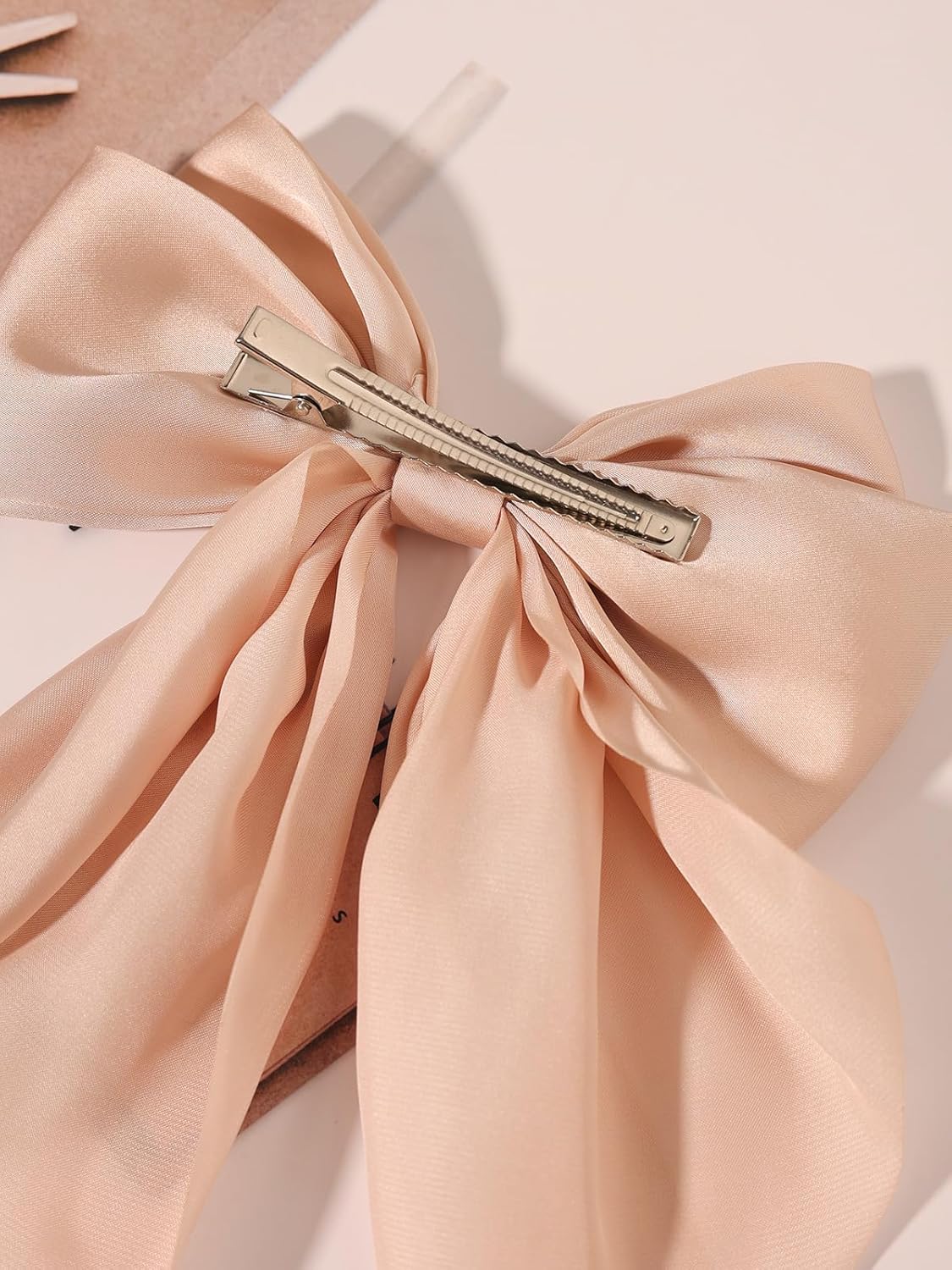 Hair Bows for Women Girls - Furling Pompoms 3pcs Big Bow Hair Clips Ribbon Hair Bow Ponytail Accessories, Holiday Party Back to School (White/Beige/Apricot)