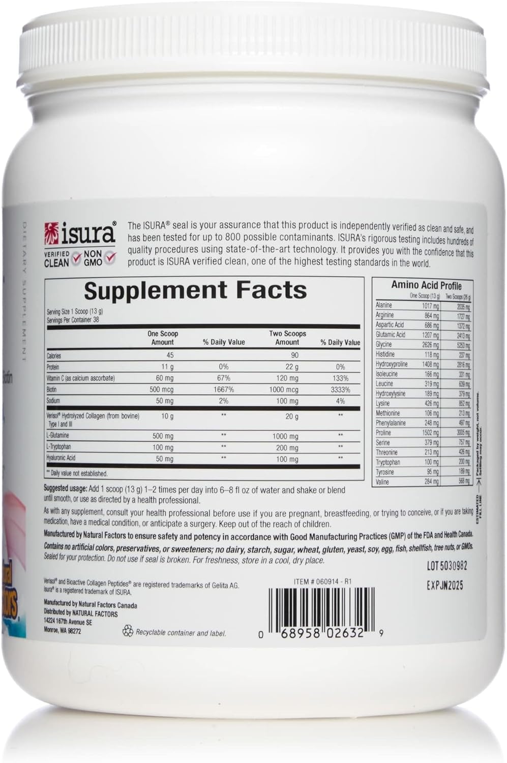 Natural Factors Total Body Collagen - Bioactive Collagen Supplement for Hair & Nail Growth Support - Healthy Skin Supplement with Protein, Vitamin C & More - Unflavored, 500 g (38 Servings)