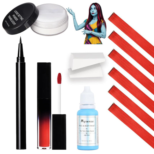 Halloween Makeup Kit for Sally Costume Women Girls Kids,Sally Face Cosplay Accessories with Light Blue Face Paint,Black Liquid Eyeliner,Red Lipstick,Clip in Hair Extensions,Setting Powder&Sponges