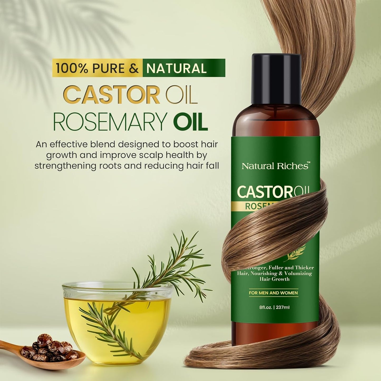 Natural Riches Castor Oil with Rosemary, 8 fl oz – Organic Blend for Thicker, Fuller Hair Growth – Premium Grade Hair Treatment.
