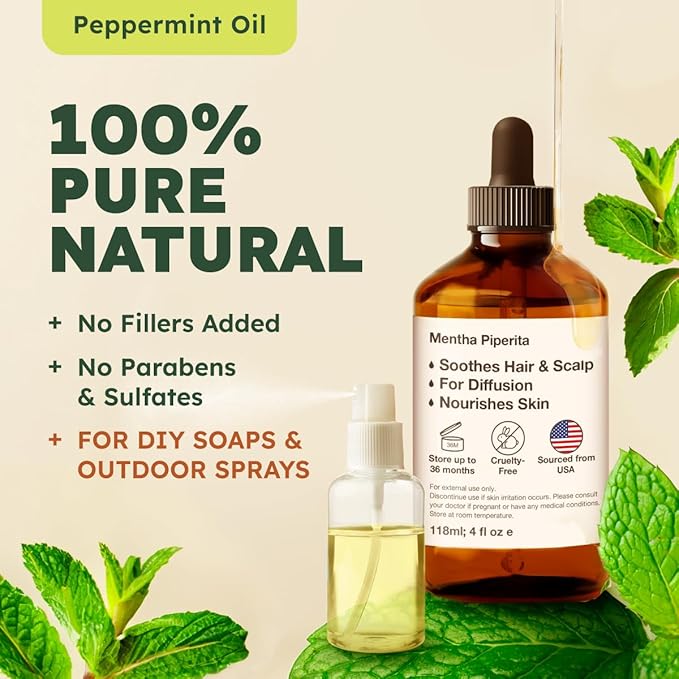 KUKKA essential oils 100% Pure & Natural Peppermint Oil for Skin, Hair, Diffuser, & Soap Making DIY(4 Fl Oz/118 ml)