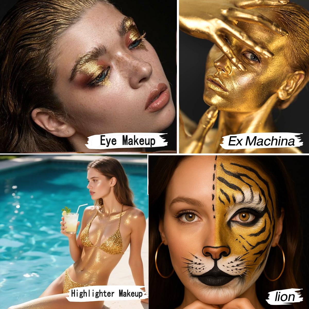 Gold Face Body Paint, Highly Pigmented Cream to Powder Metallic Gold Face Painting for Kids & Adults, Pro Non Toxic Shimmer Fine Powder & Highlighter Makeup for Halloween Cosplay, Art, Theater, Stage