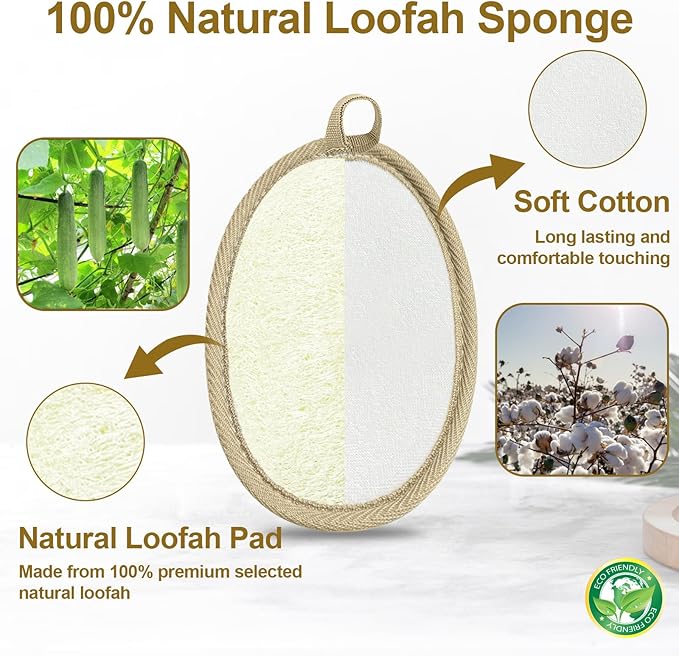 Loofah Exfoliating Body Scrubber (2 Pack), Natural Body Scrubbers for Shower Exfoliator, 100% Natural Lufa Bath Scrub Loofa Sponge Pad, Large Lufas for Men and Women Loufa Biodegradable Luffa Beige