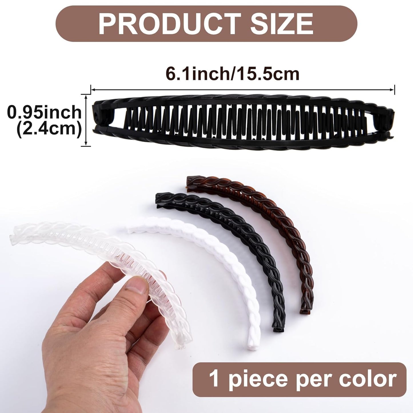 4pcs Banana Hair Clips for Women, Non-Slip Hair Claws with Double Combs, Vintage Hairpin Thick Long Curly Hair Styling Accessories for Daily, Party - Black, Brown, White, Clear (Wavy Edge)