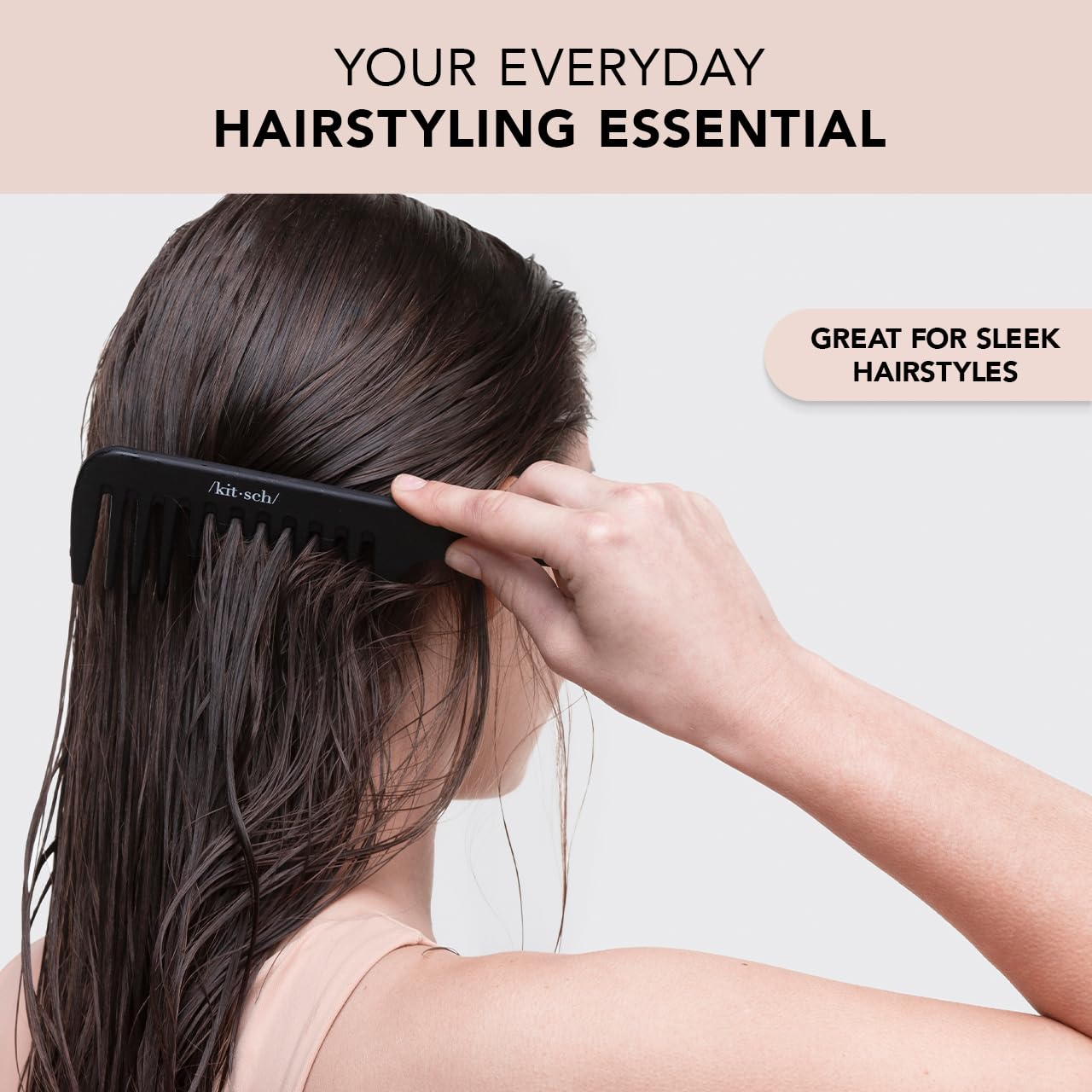 Kitsch Wide Tooth Detangler Comb - Curved Handle for Curly, Wet & Thick Hair, Black Shower Comb for Women