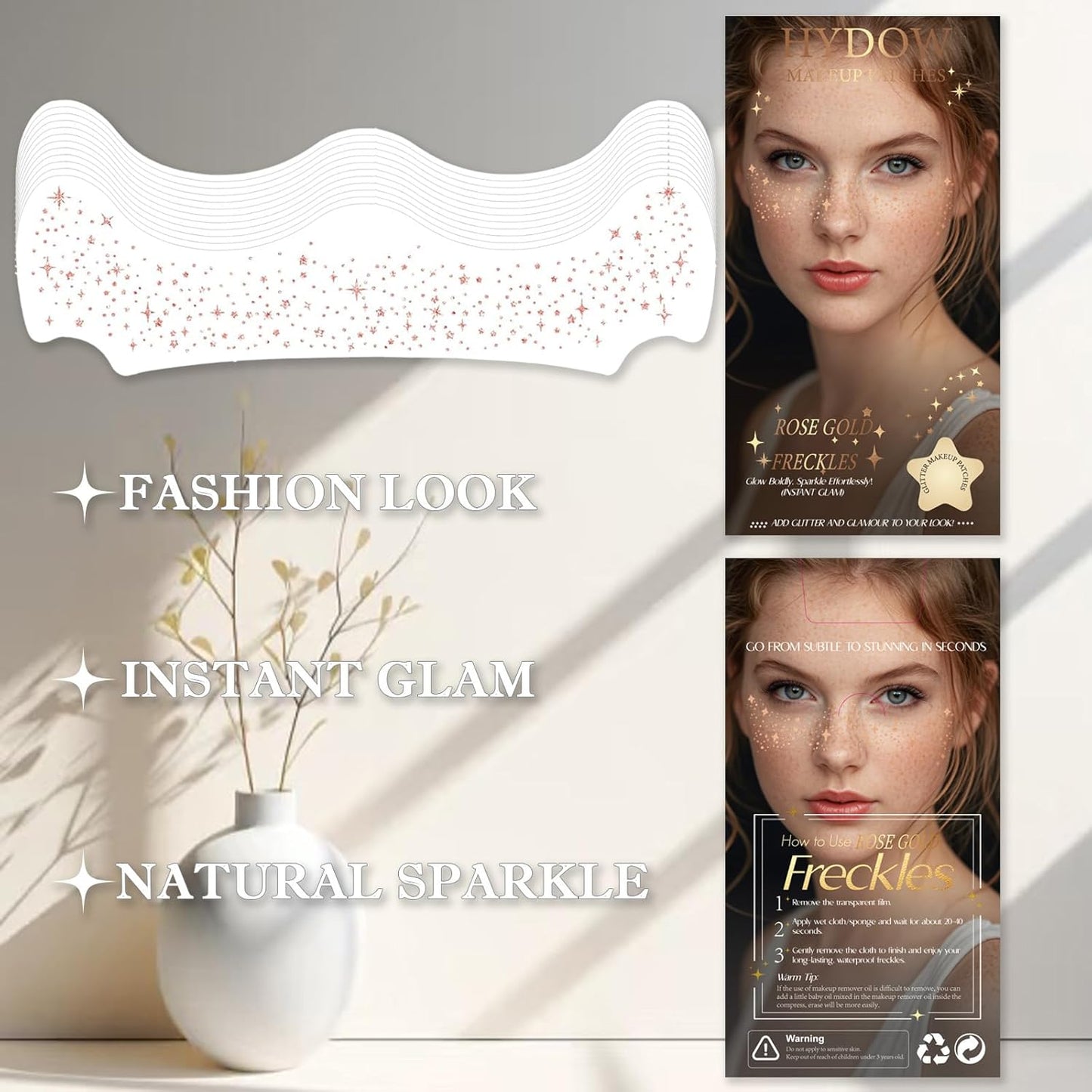 Glitter Freckles, Holographic Face and Body Glitter Tattoo Sparkle for Women Gold Glow Cosmetic Star Makeup Accessories for Festival Rave (12pcs Rosegold)