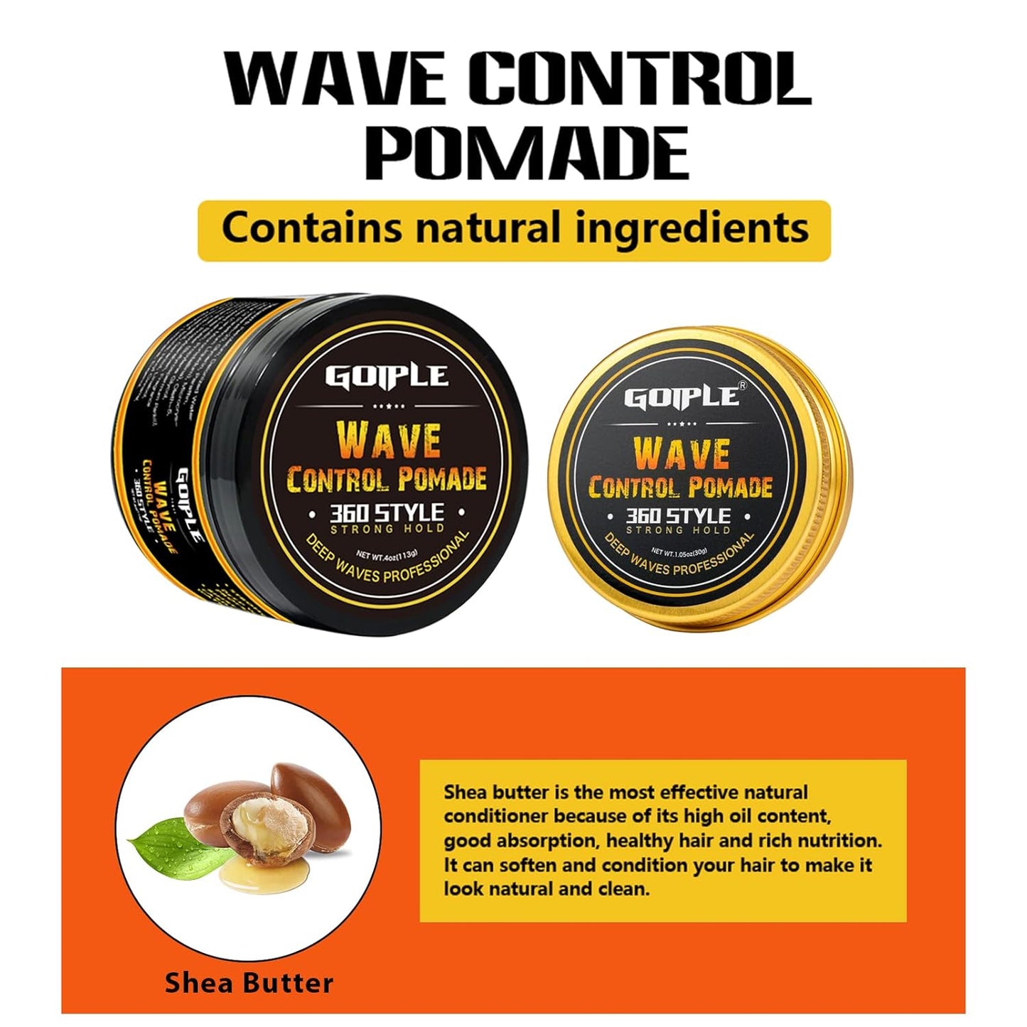 Natural Wave Pomade for Men Strong Hold, Easy Wash 360 Training Hair Cream, Grease Promotes Layered Waves, Moisture, Control and Silky Shine (with Travel Size)