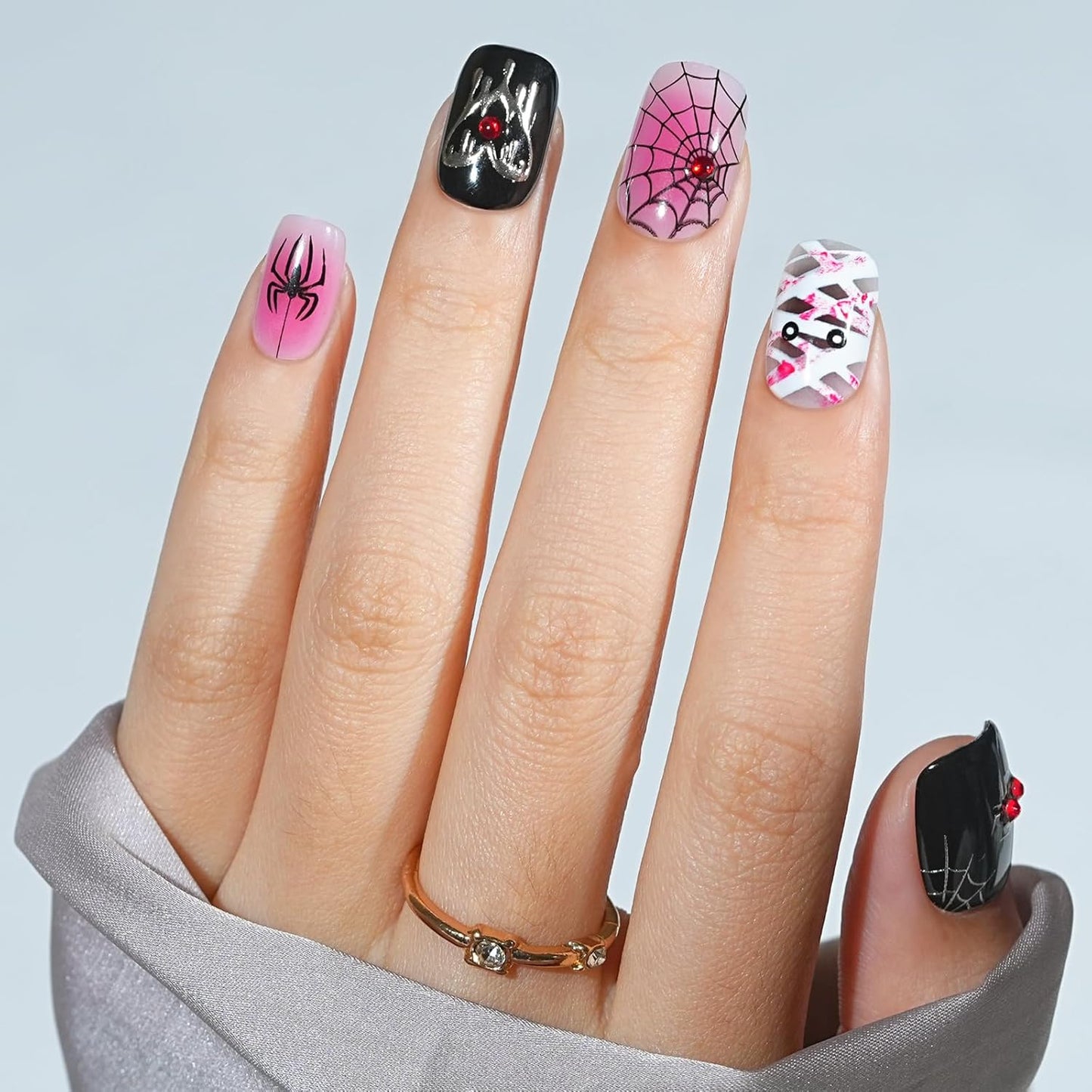 Halloween Press On Nails Short - Mummy’s Crypt, Black Pink Spider Web Nails of Halloween Nail Designs Acrylic Square Glue On Nails with Nail Glue, Stick On Nails in 16 Sizes - 32 PCS Soft Gel Kit
