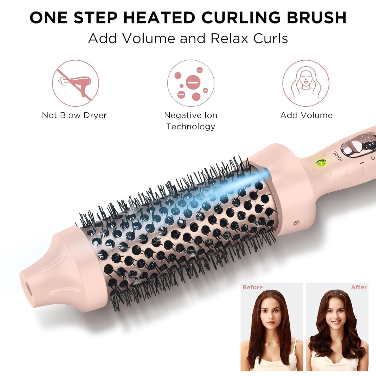 Aima Beauty Hot Brush, 1.3"/35mm Heated Curling Brush, Ion Hair Care Thermal Round Brush Makes Hair Smoother & Softer, Create Voluminous Curls Effortlessly, Dual Voltage, 60Mins Auto-Off, Pink