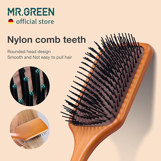 MR.GREEN Hair Brush Natural Maple Wide Board Massage Scalp Comb Air Cushion Anti-Static Detangle Brush For Curly Long Hair Both Women Men (Small)