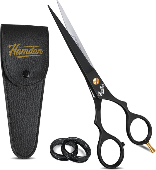 Hamdan 6.5” Matte Black Hair Scissors, Barber Shears for Men, Women & Kids – Ultra-Sharp Professional Hair Cutting Scissors with Pouch, Precision Haircut for Salon & Home - Tijeras De Peluqueria