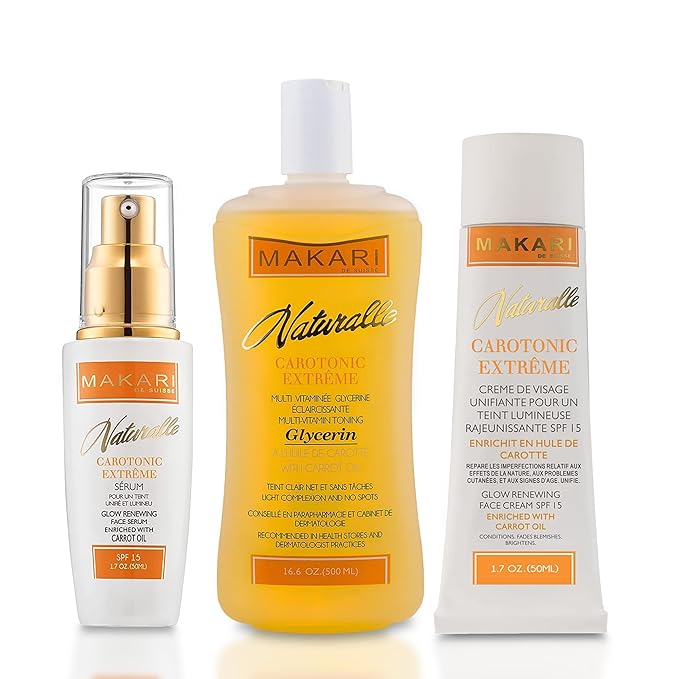 MAKARI Naturalle Carotonic Extreme Brightening 3-Piece Set - Glycerin Oil, Brightening Serum, and Glow Renewing Face Cream SPF15 | Fades Scars & Marks | For Oily & Sensitive Skin | Hydrates & Brighten
