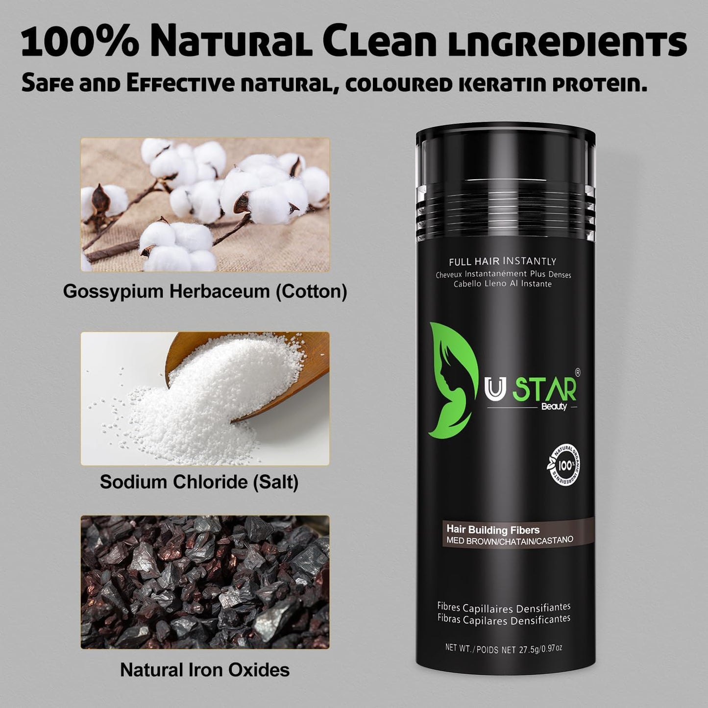 Ustar Hair Building Fibers for Thinning Hair 27.5g Conceals Hair Loss Instantly Thicker Fuller Look 9 Shades for Women & Men 2 Pack (Light Brown)