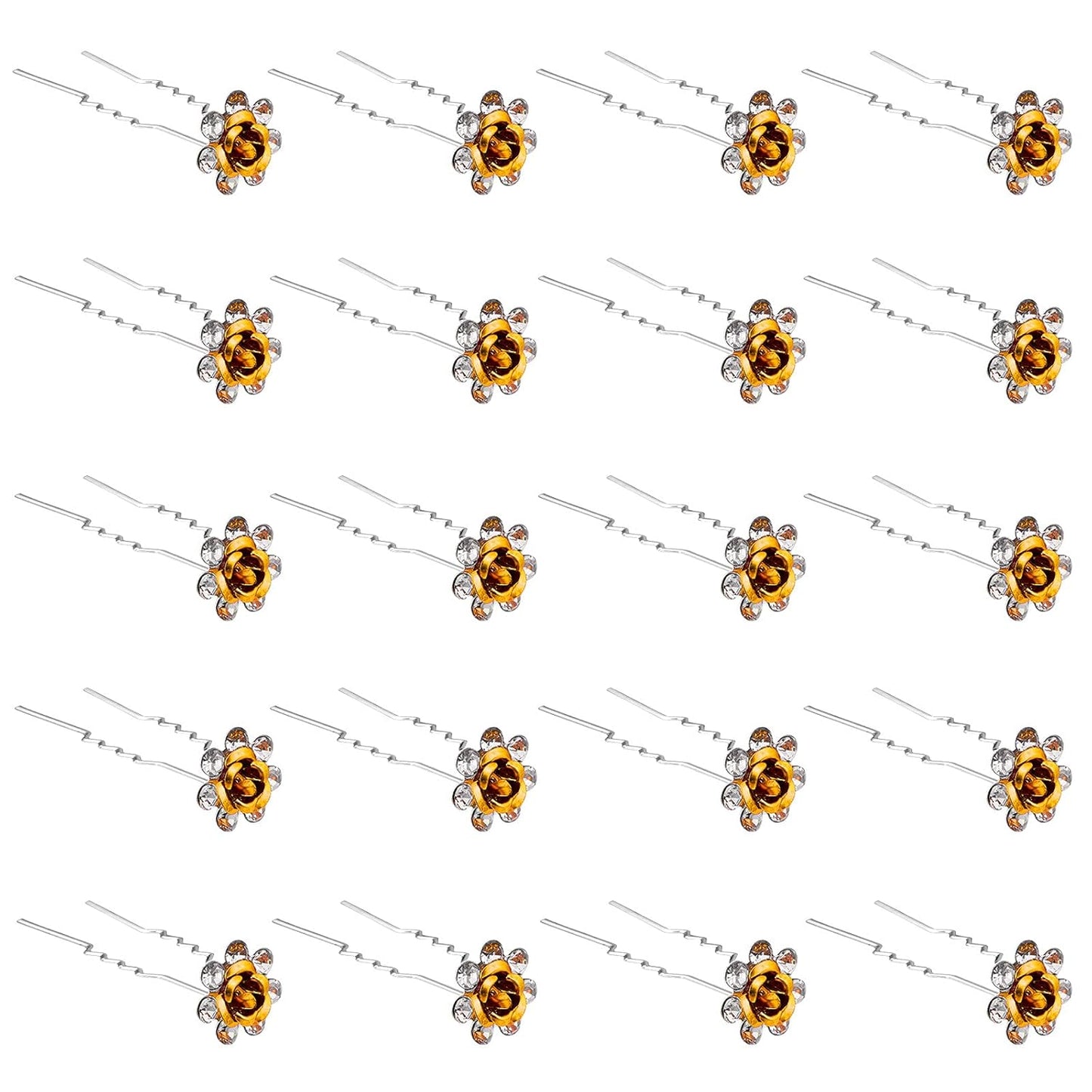 20 Pack (Yellow) Crystal Hair Pins Rose Flower Rhinestone Hair Clips for Bridal Wedding Women Hair Jewelry Accessories, with Clear Container