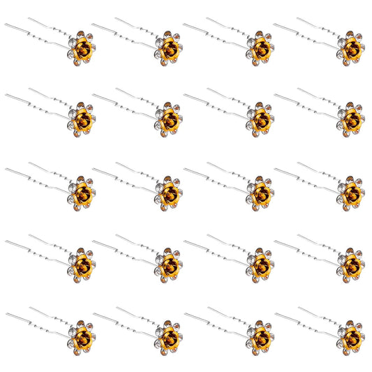 20 Pack (Yellow) Crystal Hair Pins Rose Flower Rhinestone Hair Clips for Bridal Wedding Women Hair Jewelry Accessories, with Clear Container