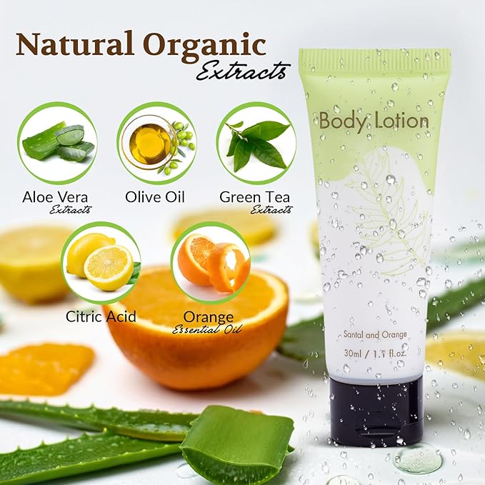 Leak-Proof Travel Size Body Lotion 1.1 Fl.oz/ 30 ml Each 200PCS Bulk Pack of Hotel Lotion Santal and Orange Scent Amenities and Toiletries for Hospitality