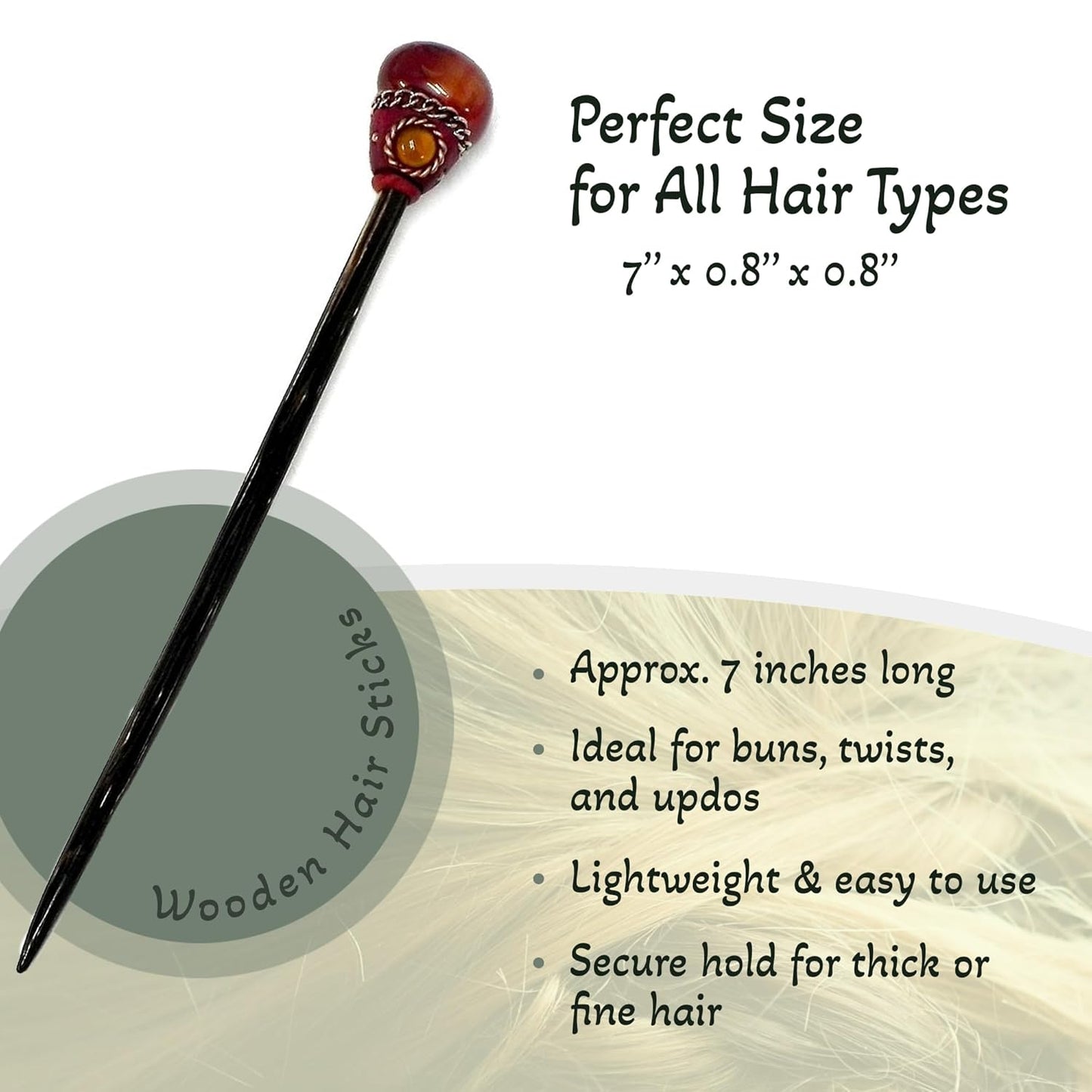 Mia Jewel Shop - Natural Tumbled Healing Gemstone Crystal Chonta Wooden Hair Sticks – Handmade Hair Sticks for Women | Hair Pins Boho Reiki Accessories, Fashion Gifts (Dark Orange Agate)