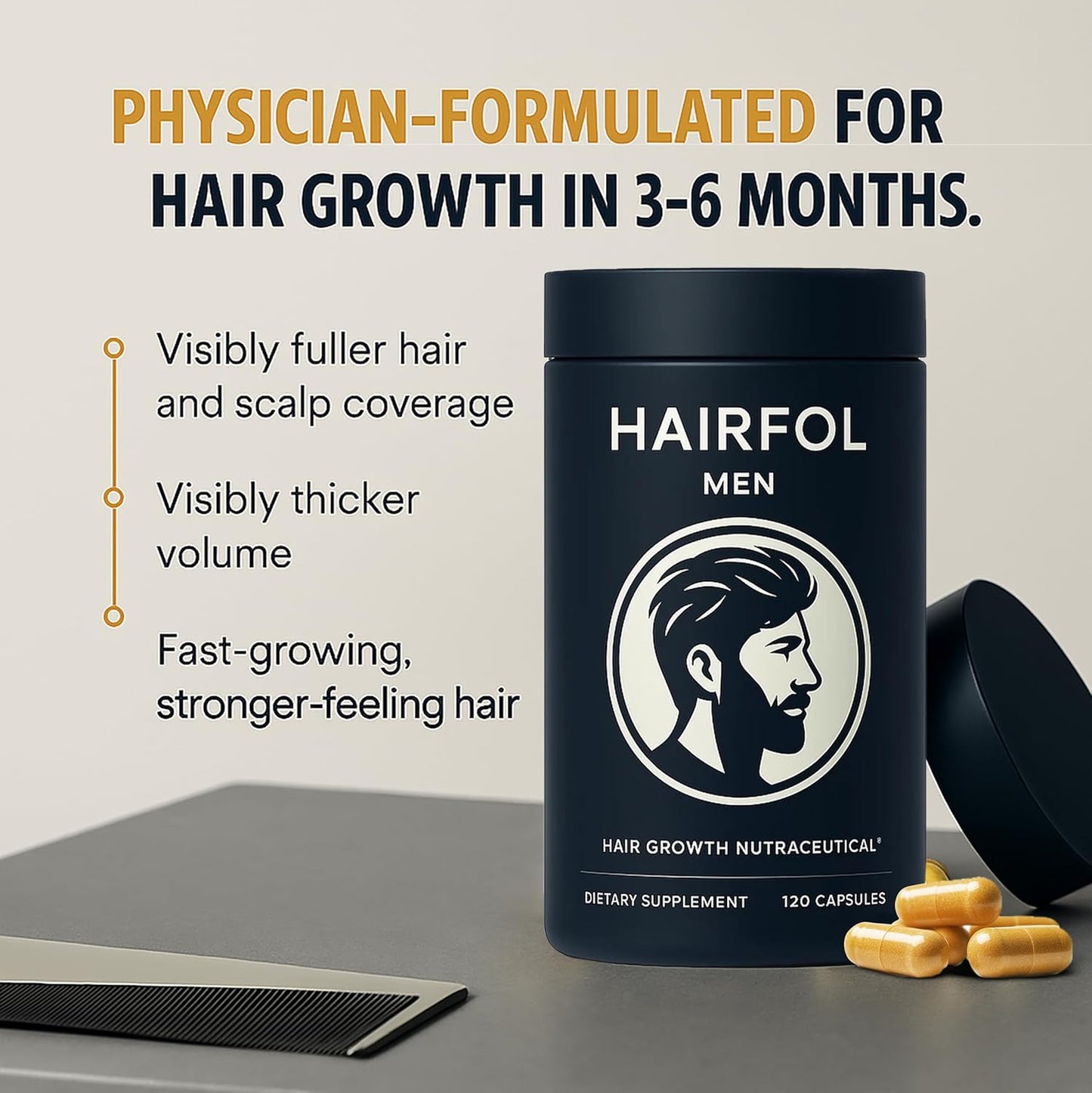 Men's Hair Growth Supplement – Clinically Tested Hair Growth Vitamins for Men, Thicker Hair & Scalp Coverage, Hair Regrowth Support for Men – Stronger, Fuller Hair – 1 Month Supply