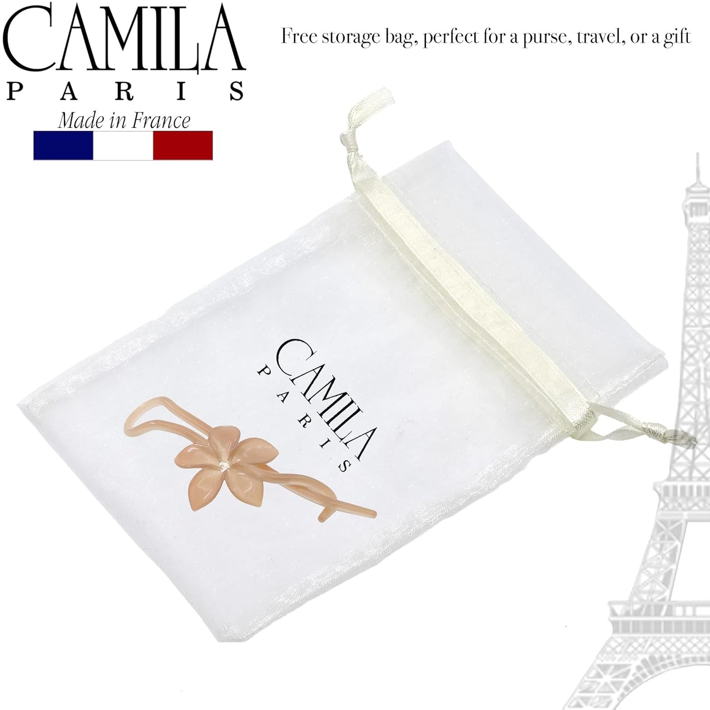 Camila Paris CP2411 French Hair Barrette Pin Clips for Girls, Flower, Beige, No Metal Parts, Strong Hold Grip Hair Clips for Women, No Slip and Durable Styling Girls Hair Accessories, Made in France