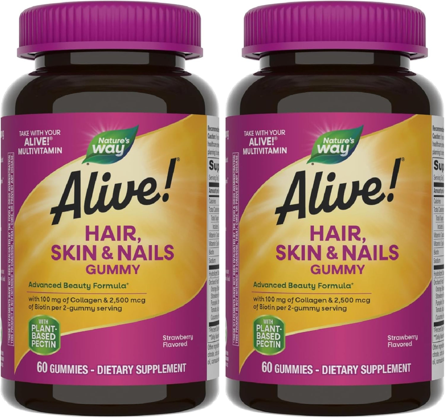 Nature's Way Alive! Hair, Skin & Nails Gummies, Advanced Beauty Formula*, with Biotin and Collagen, Strawberry Flavored, 60 Gummies (Packaging May Vary) (Pack of 2)