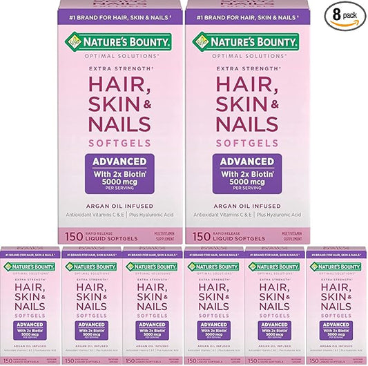 Nature's Bounty Hair, Skin & Nails Rapid Release Softgels, Argan-Infused Vitamin Supplement with Biotin and Hyaluronic Acid, Supports Hair, Skin, and Nail Health for Women, 150 Count (Pack of 8)