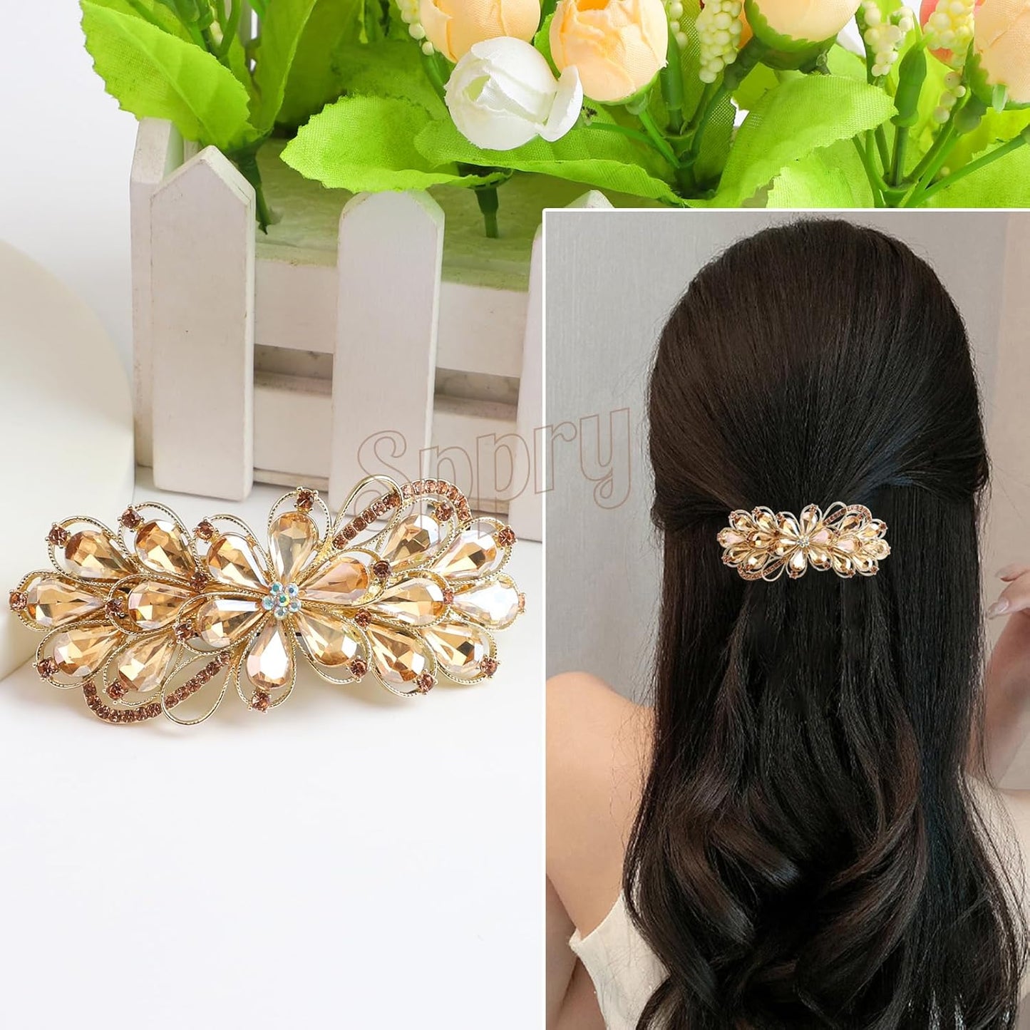Large Gorgeous Rhinestone Hair Barrette for Women, Flower Jewelry Design (Champagne)