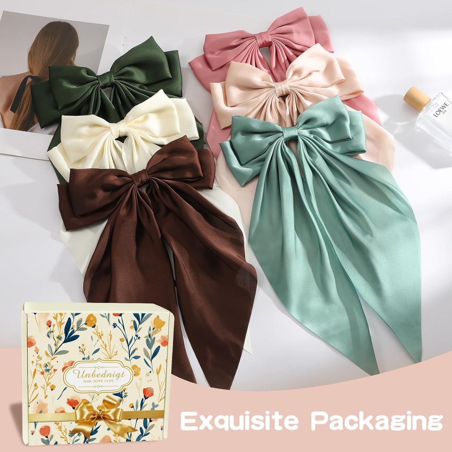 6 PCS Hair Bows for Women, Big Bow Hair Clips for Girls, Silky Satin Hair Bow Clips Oversized, Large Cute Aesthetic Hair Accessories Christmas Gifts Holiday Green Color