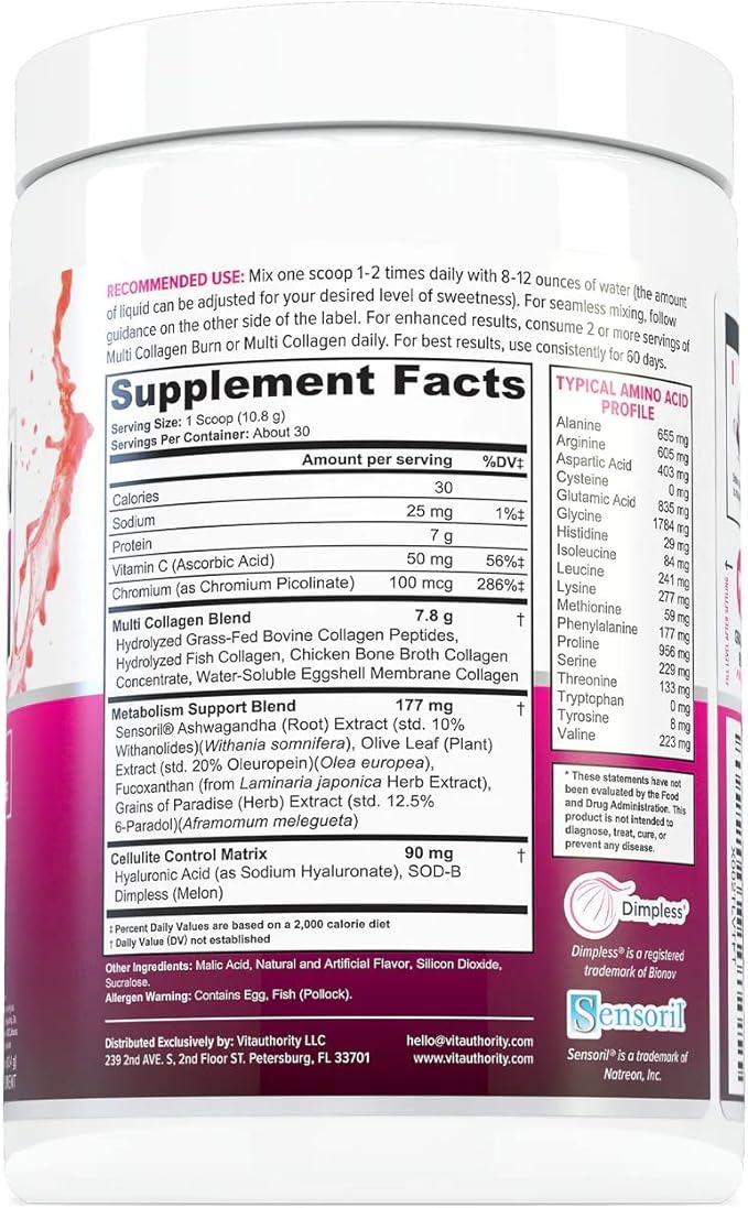 Multi Collagen Burn: Hydrolyzed Protein Peptides with Hyaluronic Acid, Vitamin C, SOD B Dimpless, Types I, II, III, V and X, Caffeine-Free Strawberry Lemonade Flavored 30 Servings