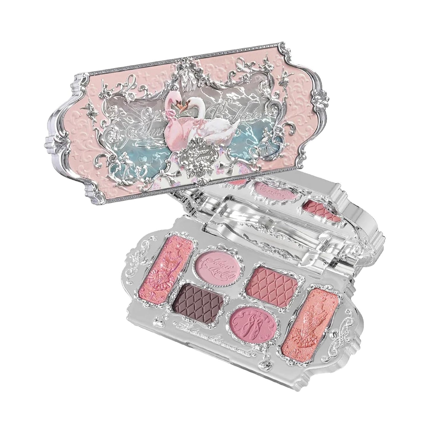 Flower Knows Swan Ballet Six-Color Makeup Palette,Eyeshadow,Blush,Highlighting & Contour All-in-One Face Makeup Palette with 4 Matte+2 Shimmer Pink Shades(03 Pink Swan,0.23 Oz)
